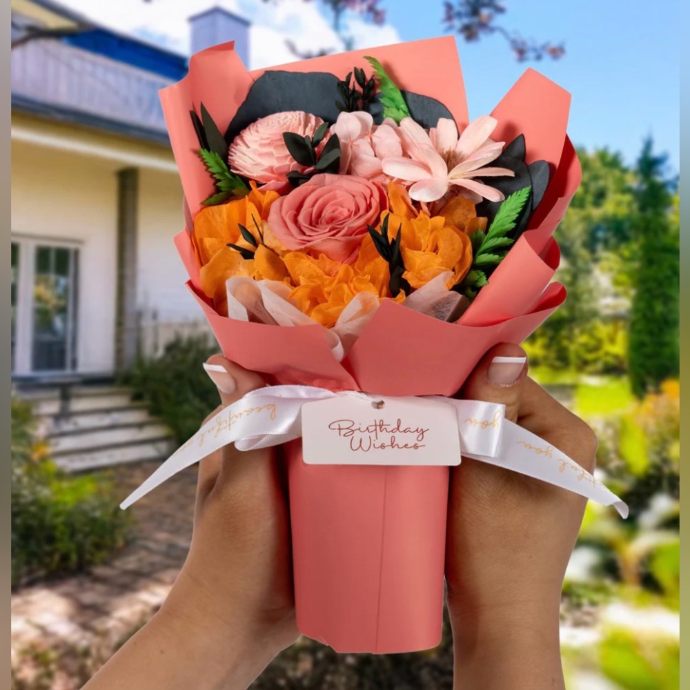 New Pavillion Birthday Coral Preserved Floral Birthday Wish Flower Bouquet Gift